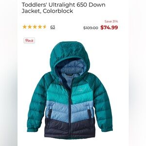 L.L. Bean Toddler Ultralight 650 Down Colorblock Jacket